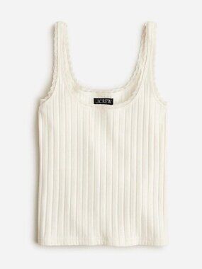 J. Crew Ribbed Lace Trim Pointelle Cotton Blend Camisole Tank Top Ivory L NWOT